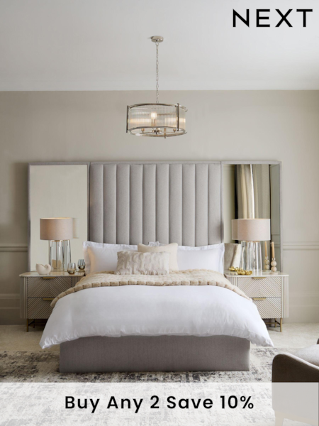 Contemporary Blend Light Natural Cerys Upholstered Hotel Bed Frame with Ottoman Storage and Mirrors (7857X7) | £1,315 - £1,515