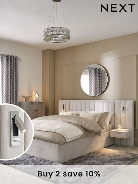 Plush Chenille Natural Oyster Mayfair Upholstered Hotel Bed Frame with Ottoman Storage Bedside Tables and Lights (7866L5) | £1,265 - £1,465
