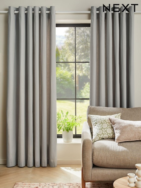 Grey Silver Lined Cotton Eyelet Curtains (787388) | £20 - £90