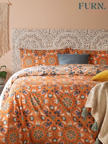 furn. Orange Ochre Yellow Folk Flora Floral Reversible Duvet Cover and Pillowcase Set (788322) | £16 - £32