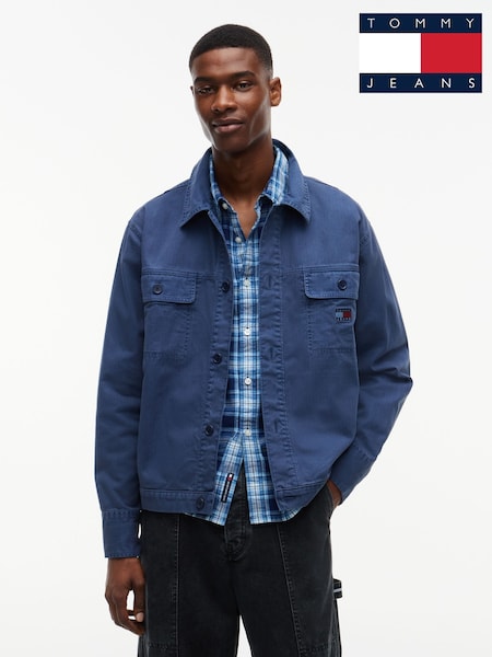 Blue - Regular Tommy Jeans Textured Herringbone Oversized Overshirt