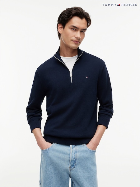 Blue - Regular Tommy Hilfiger Flag Lightweight Slim Quarter-zip Jumper