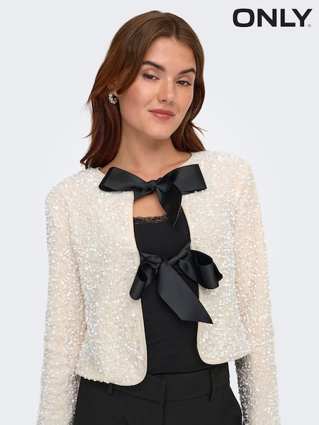 Cream - Only Sequin Bow Long Sleeve Reversible Top