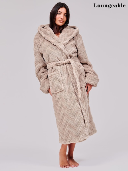 Taupe Brown - Loungeable Chevron Luxury Plush Fleece Midi Hooded Dressing Gown