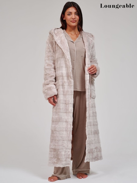 Brown - Loungeable Embossed Stripe Luxury Fleece Maxi Hooded Dressing Gown