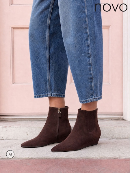 Brown - Novo Klarissa Low Wedge Chisel Toe Chelsea Ankle Boots
