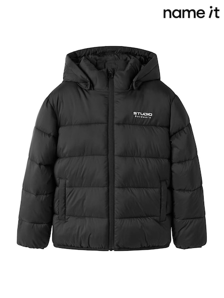 Black - Name It Padded Zip Up Jacket With Detachable Hood