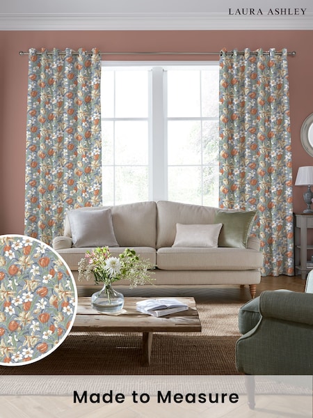 Laura Ashley Dusky Seaspray Blue Tulips Made to Measure 100% Cotton Curtains (794009) | £100