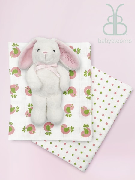 Babyblooms Baby Personalised 100% Cotton Bunny with Muslin Wrap Gift Set (796660) | £34