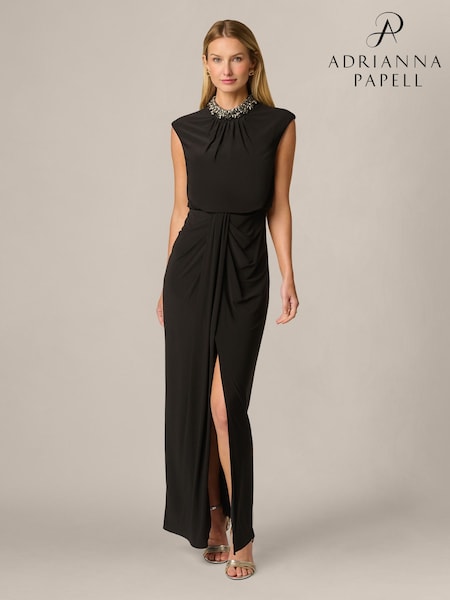Black - Adrianna Papell Pearl Mock Neck Jersey Gown