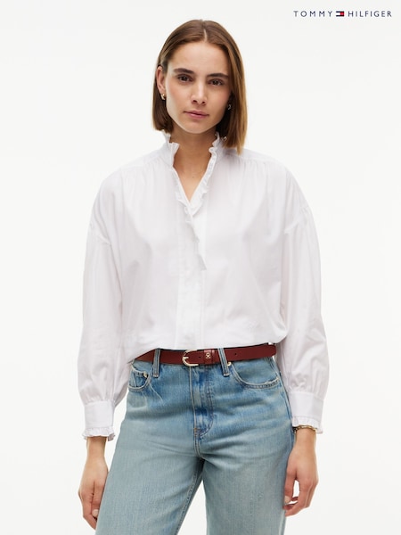 White - Tommy Hilfiger Oversized Fit Ruffle Collar Poplin Shirt