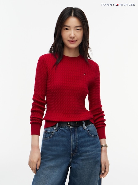 Red - Tommy Hilfiger Fine Cable Knit Crew Neck Jumper