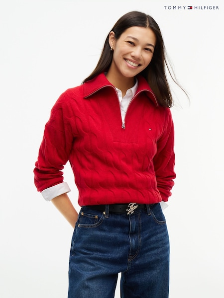 Red - Tommy Hilfiger Pure Wool Cable Knit Quarter-zip Jumper