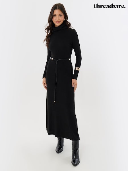 Black - Threadbare Ribbed Roll Neck Maxi Dress With Belt