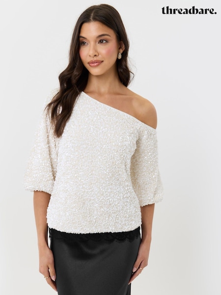 White - Threadbare Sequin Slash Neck Puff Sleeve Top