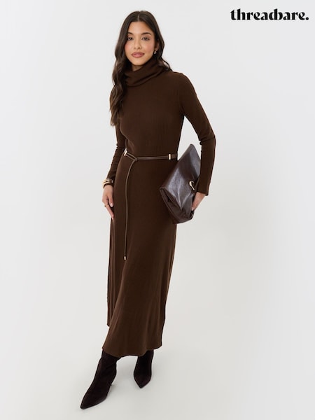 Brown - Threadbare Ribbed Roll Neck Maxi Dress With Belt