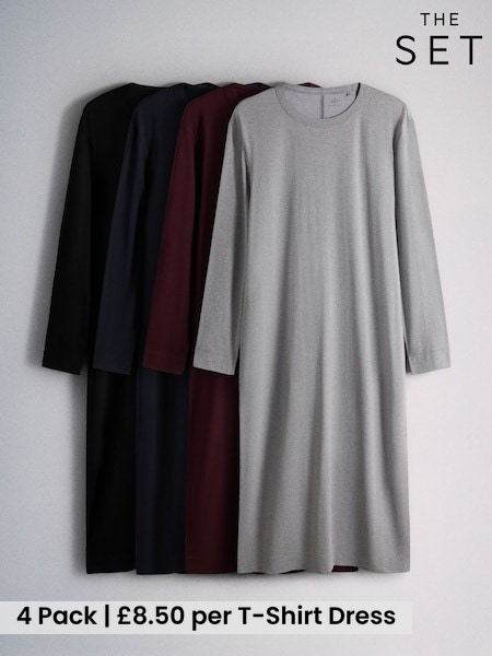 Black/Burgundy/Navy/Grey - The Set 4 Pack Essential Lightweight Maxi Long Sleeve T-shirt Dresses