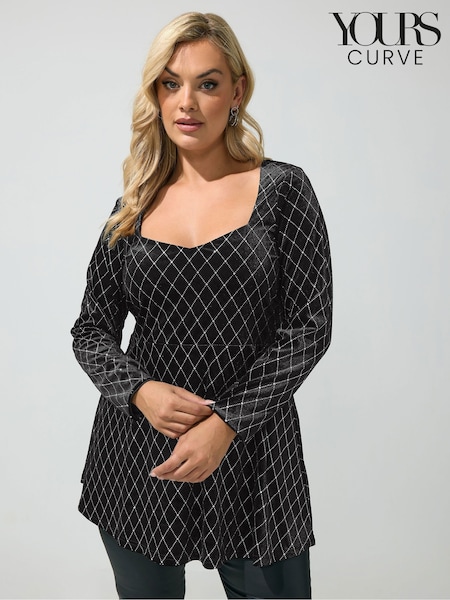 Black - Yours Curve Glitter Velvet Square Neck Top