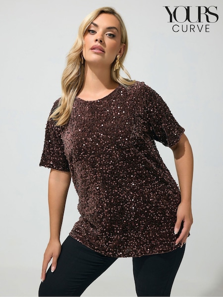 Brown - Yours Curve Sequin Velvet T-shirt