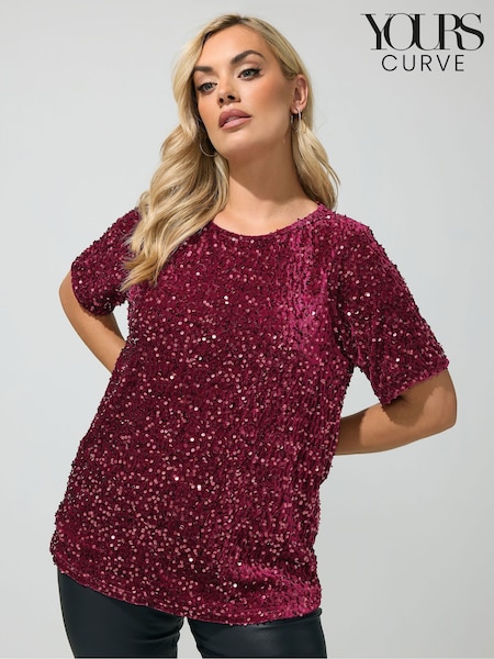 Red - Yours Curve Sequin Velvet T-shirt