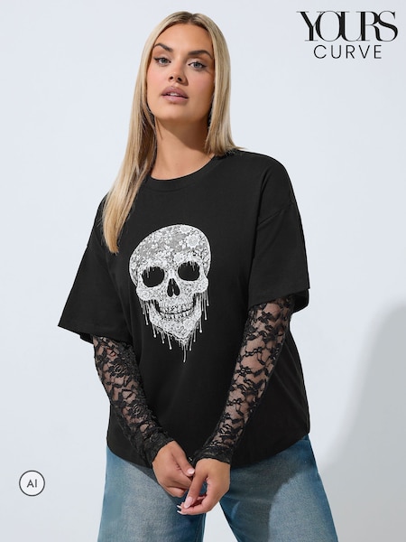 Black - Yours Curve Limited Puff Skull Print Lace Sleeve T-shirt