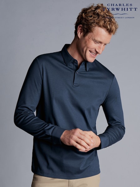 Charles Tyrwhitt Petrol Blue 100% Cotton Plain Long Sleeve Jersey Polo Shirt (800661) | £65