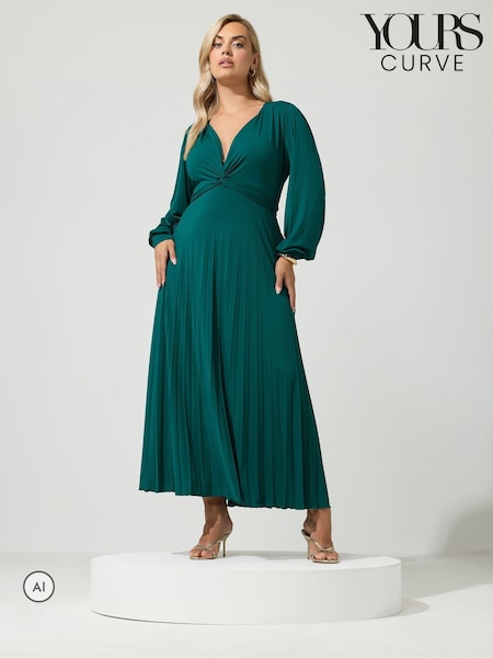 Green - Yours Curve Pleated Knot Long Sleeve Maxi Dress