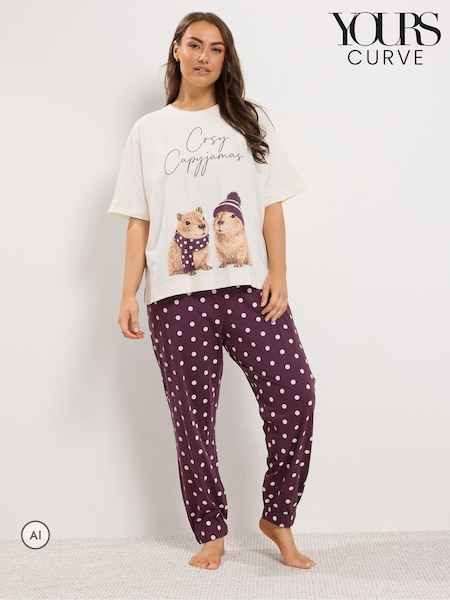 White - Yours Curve Capybara Short Sleeve Cuffed Pyjama Set