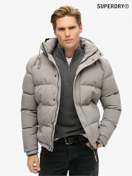 Superdry Alloy Grey Everest Short Hooded Puffer Coat Jacket (802004) | £120