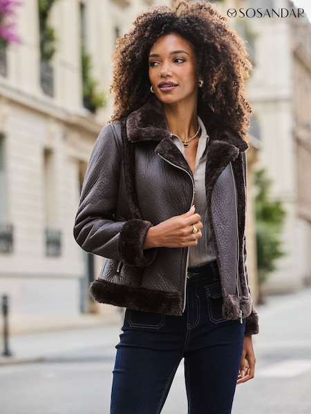 Brown - Sosandar Faux Shearling Aviator Jacket