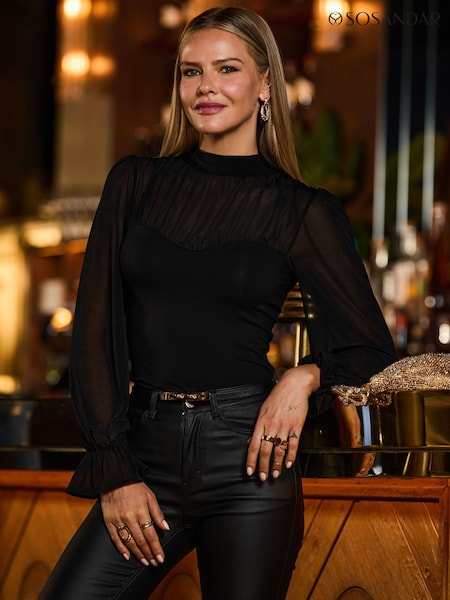 Black - Sosandar Mesh Sweetheart Neck Top