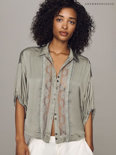 Green - Anthropologie Pilcro Lace Appliqué Short Sleeved Blouse