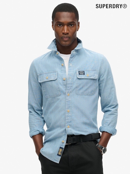 Superdry Light Blue 100% Cotton Workwear Long Sleeve Shirt (802308) | £55
