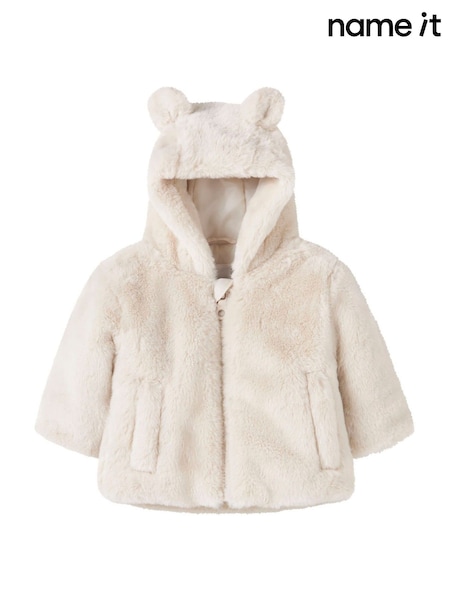 Cream - Name It Leo Faux Fur Hooded Jacket With Ears