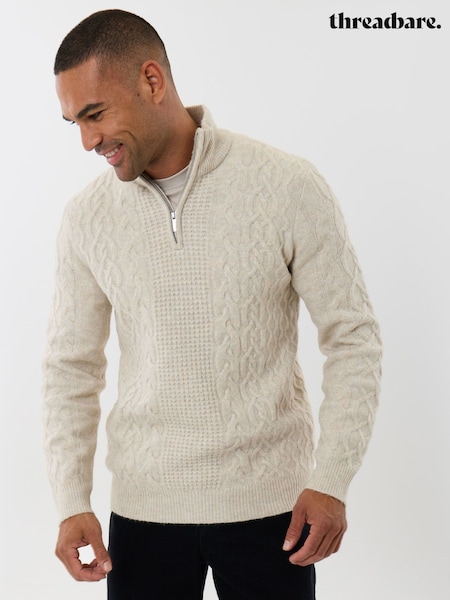 Cream - Regular Threadbare Cable Knit Quarter Zip Jumper