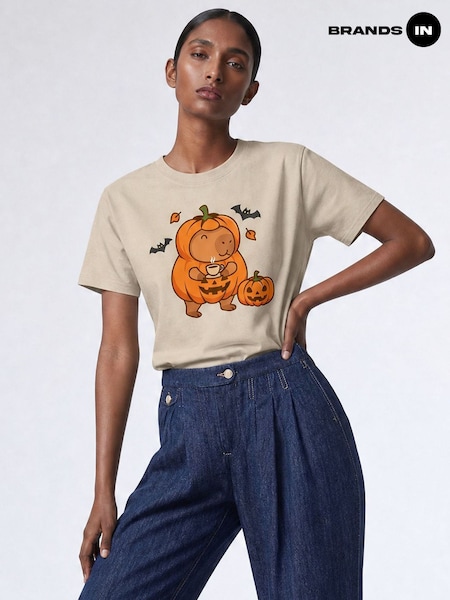 Natural - Brands In Capybara Halloween Boyfriend Fit T-shirt