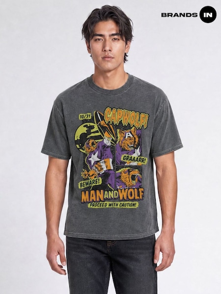 Grey - Regular Brands In Marvel Cap Wolf Halloween Washed T-shirt
