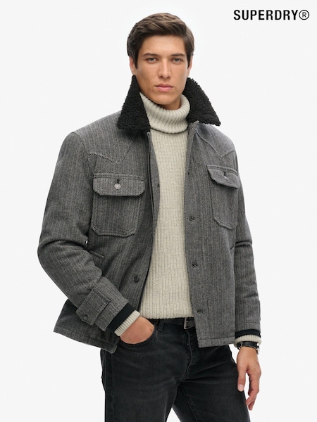 Superdry Charcoal Herringbone Merchant Wool Chore Jacket (805684) | £130