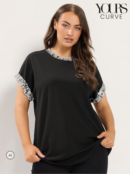 Black - Yours Curve Sequin Trim T-shirt