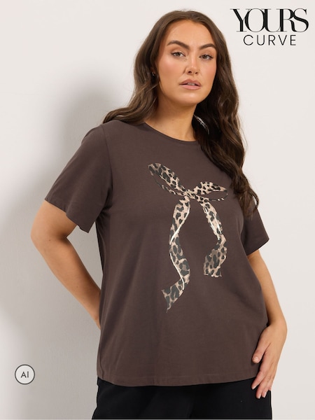 Brown - Yours Curve Leopard Bow Cotton T-shirt