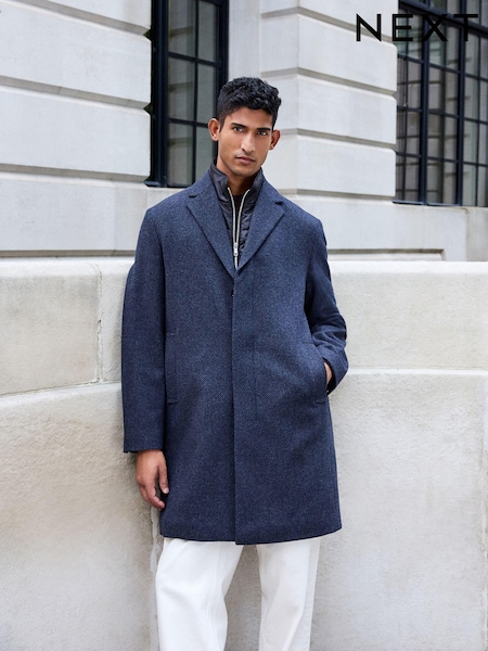Navy Blue Wool Blend Mock Gilet Smart Epsom Overcoat (808294) | £119