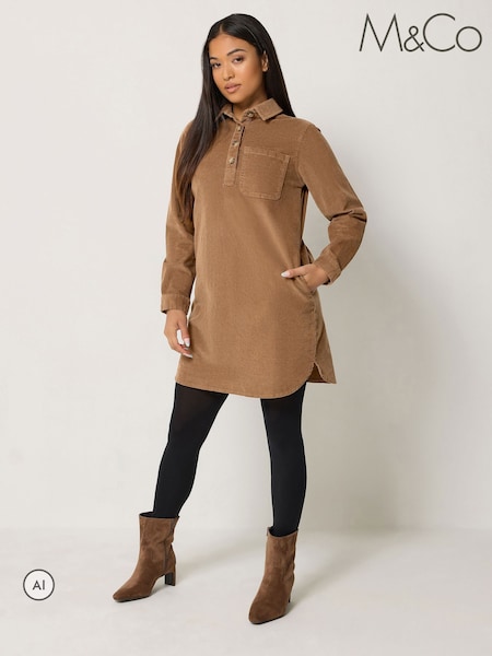 Brown - M&co Petite Corduroy Shirt Mini Dress