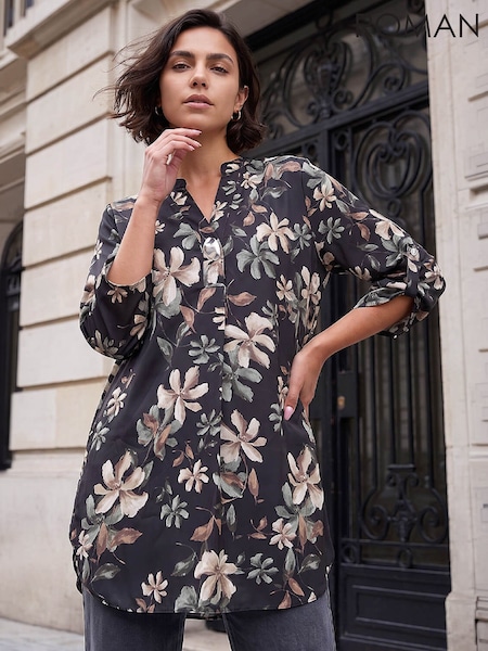 Black - Roman Floral Print Buttoned Longline Top