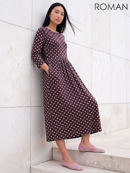 Pink - Roman Polka Dot Print Pocket Dress