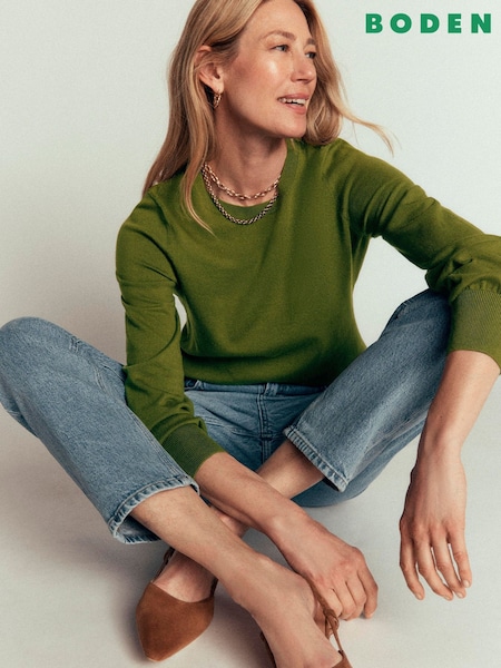 Green - Boden Camilla Cotton Crew Neck Jumper