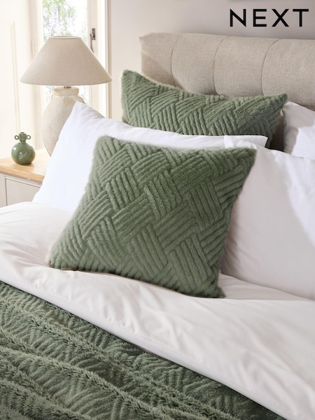 Sage Green 43 x 43cm Basset Embossed Faux Fur Cushion (811680) | £14