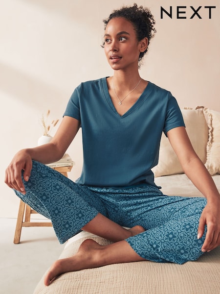 Chambray Blue Geo 100% Cotton Short Sleeve Pyjamas (813483) | £16