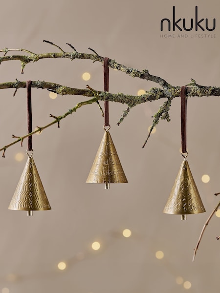 Nkuku Set Of 3 Manya Metal Bell Baubles