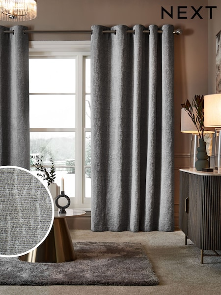 Grey Silver Heavyweight Chenille Eyelet Super Thermal Curtains (814580) | £70 - £210