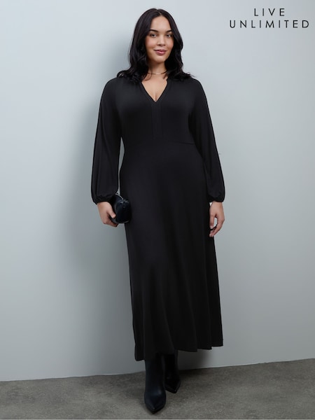Black - Live Unlimited Jersey V-neck Midi Dress With Frill Cuffs